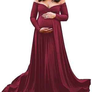 Maternity Off Shoulders Half Circle Burgundy Gown